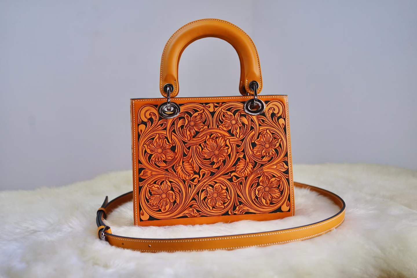 Limited Edition Hand-Tooled Floral Leather Tote Bag | LINJIN LUXURY — Carved Vegetable-Tanned Handbag, Top Handle & Crossbody