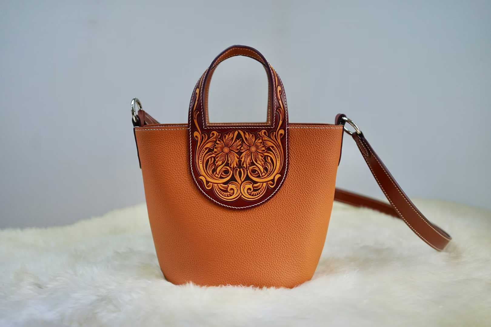 Limited Edition Hand-Tooled Floral Leather Bucket Bag | LINJIN LUXURY — Tan Pebbled Leather, Carved Panel, Top Handle & Crossbody - Limited Edition Release