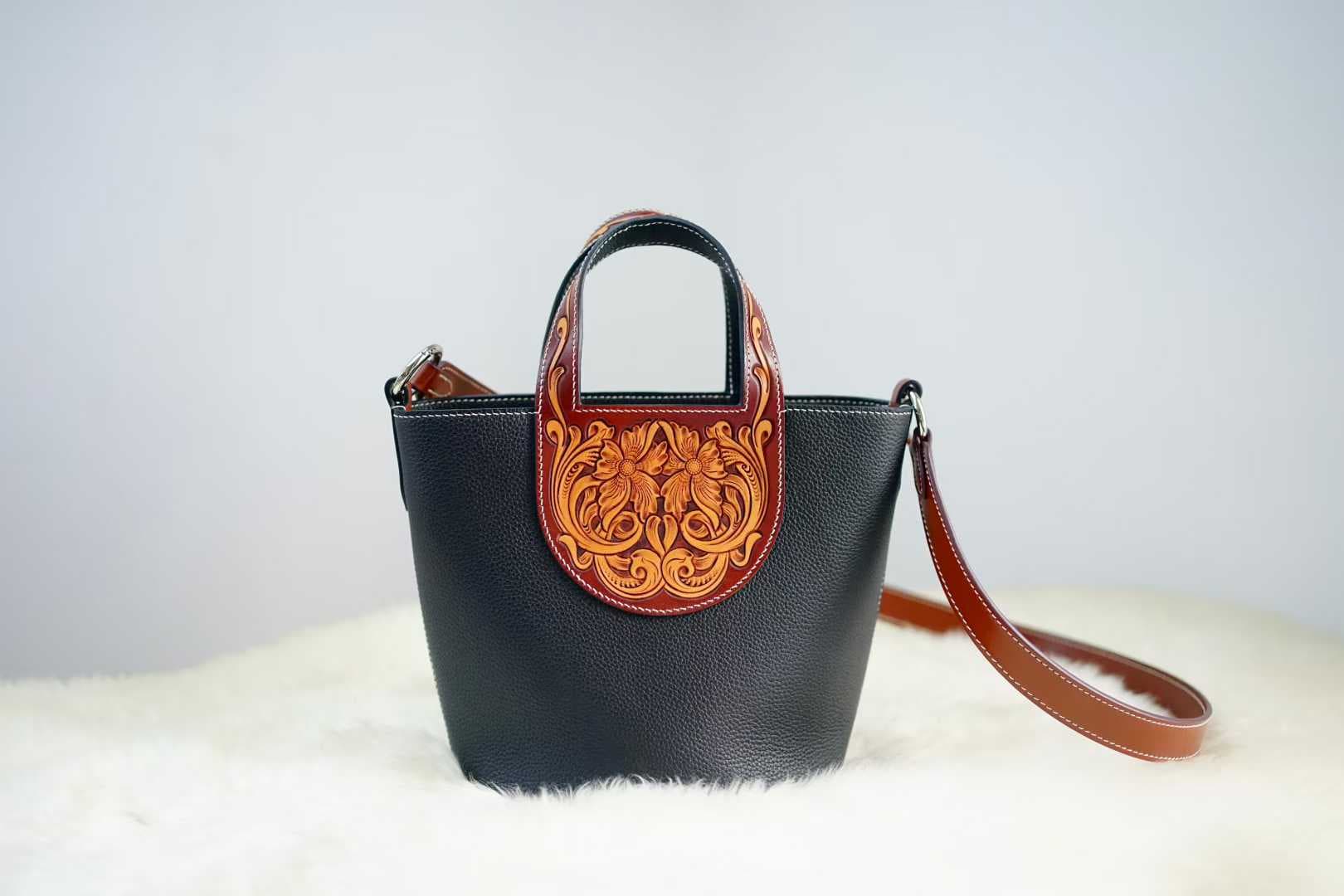 Linjin Luxury tan pebbled leather bucket bag with dark brown hand-tooled floral carved panel and handle, silver hardware, and detachable crossbody strap - 3