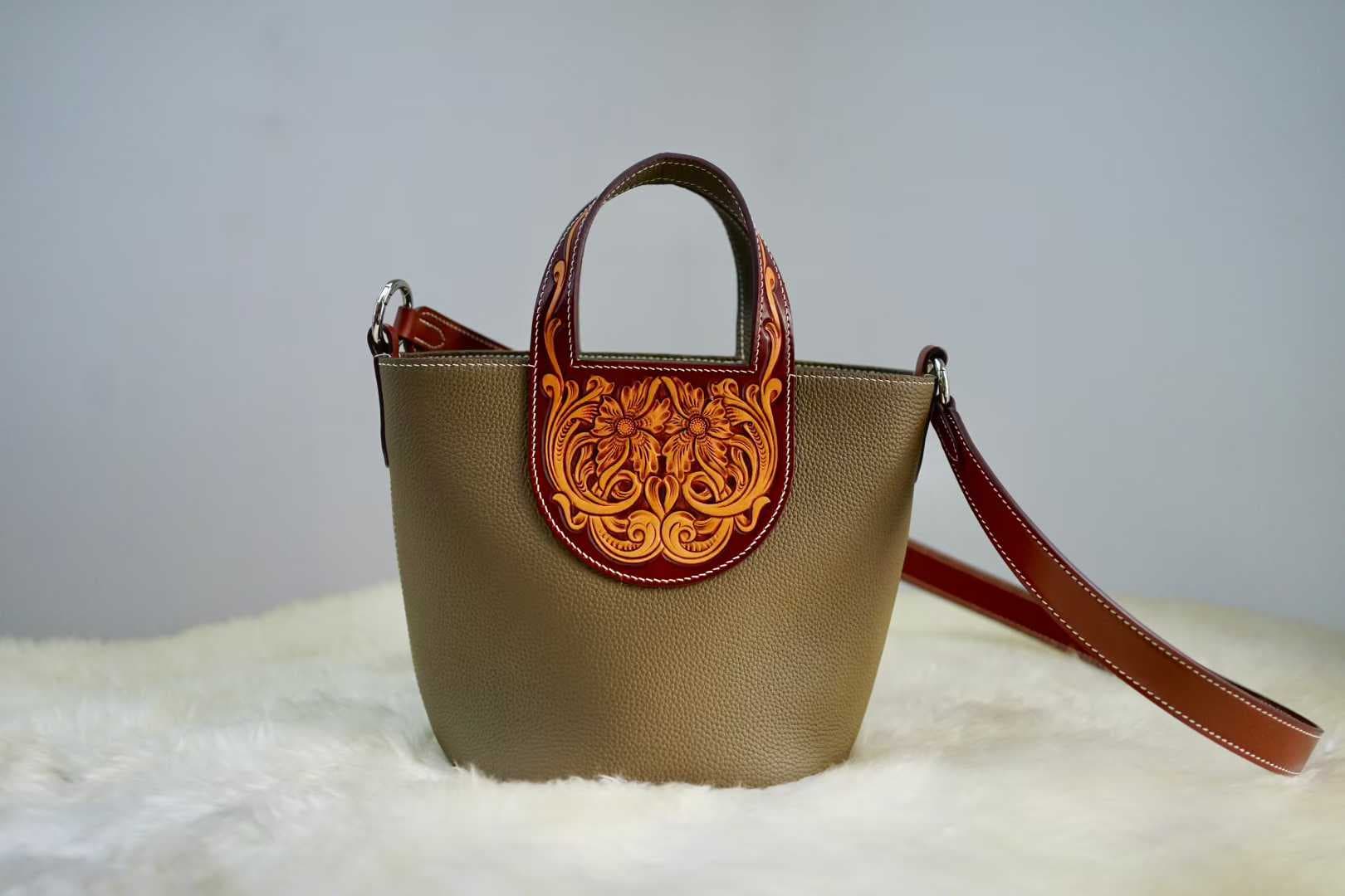 Linjin Luxury tan pebbled leather bucket bag with dark brown hand-tooled floral carved panel and handle, silver hardware, and detachable crossbody strap - 6