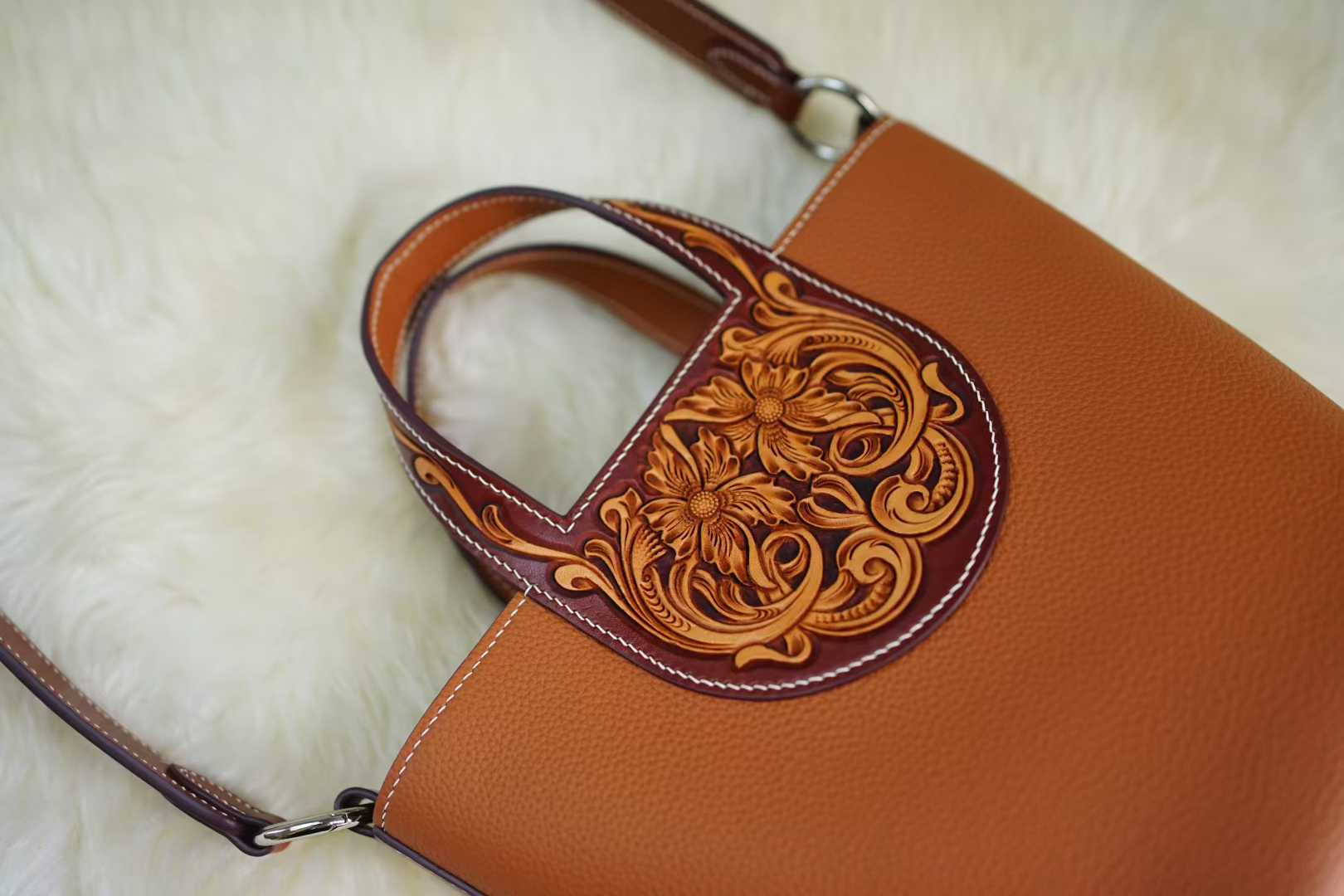 Linjin Luxury tan pebbled leather bucket bag with dark brown hand-tooled floral carved panel and handle, silver hardware, and detachable crossbody strap - 7
