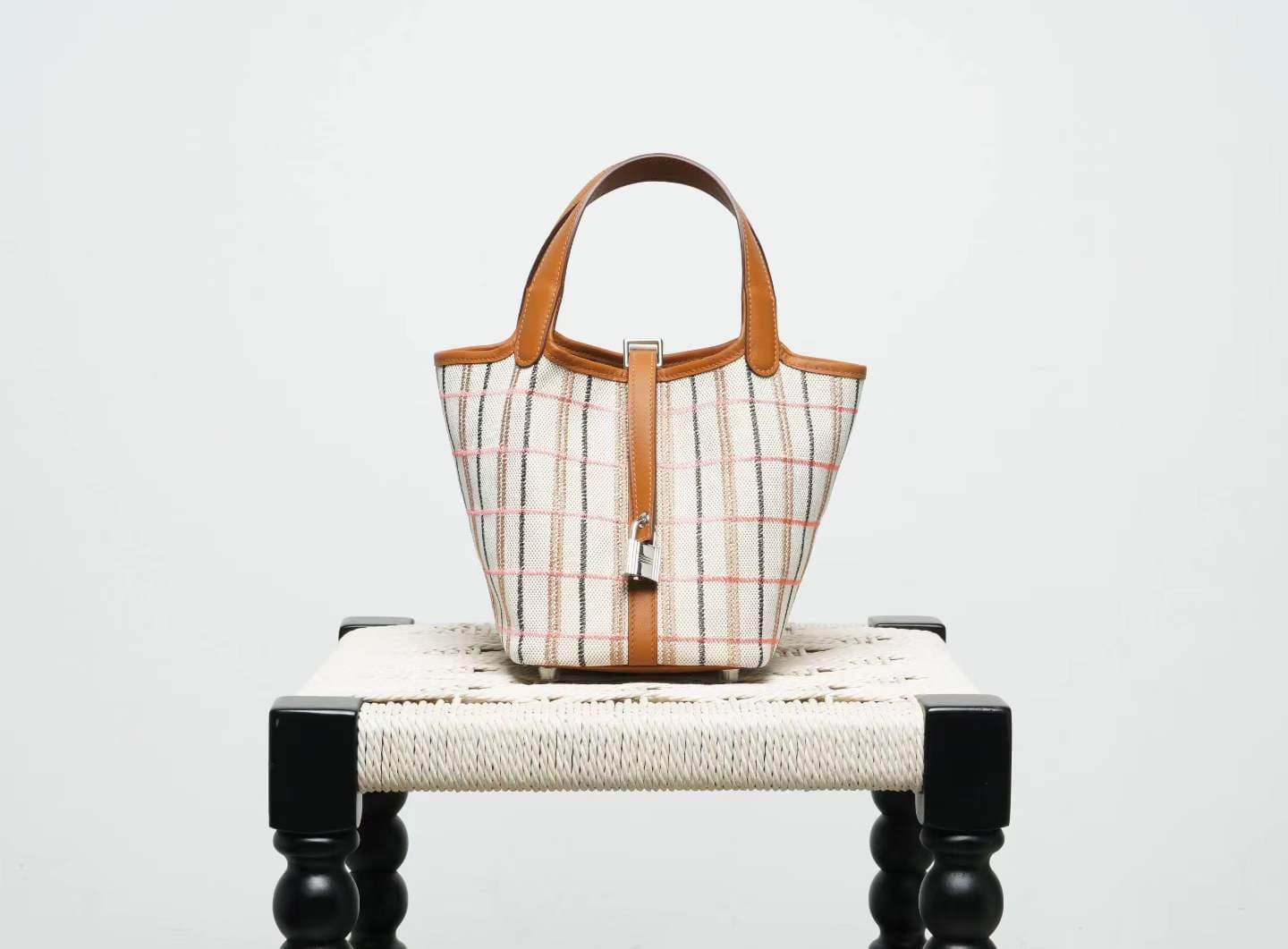 Picotin Lock Canvas and Swift Leather - Barenia Toile Plaid Series