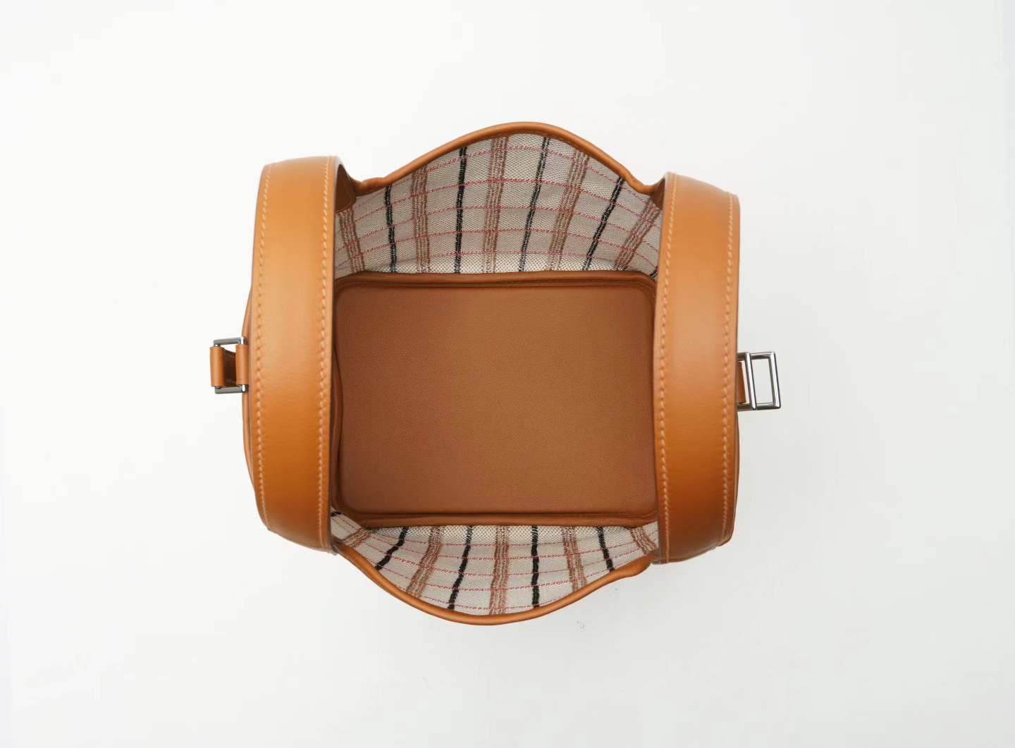 LINJIN LUXURY Picotin Lock 18 style bag in gold leather and plaid canvas, displayed on a natural woven stool against a clean white background - 5