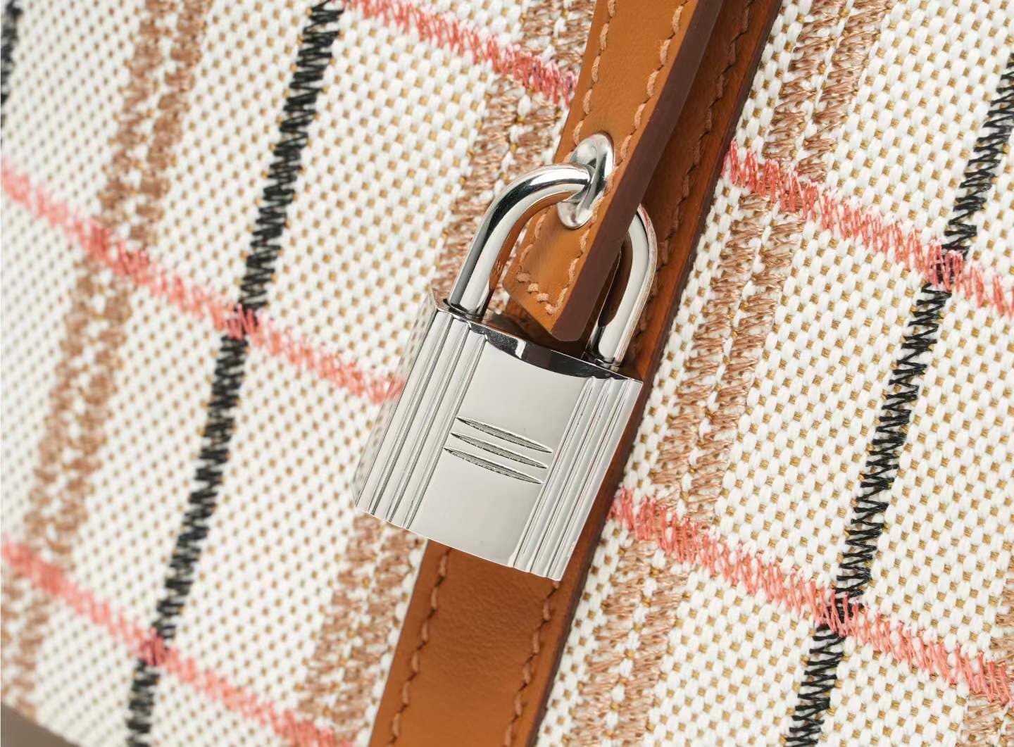 LINJIN LUXURY Picotin Lock 18 style bag in gold leather and plaid canvas, displayed on a natural woven stool against a clean white background - 8