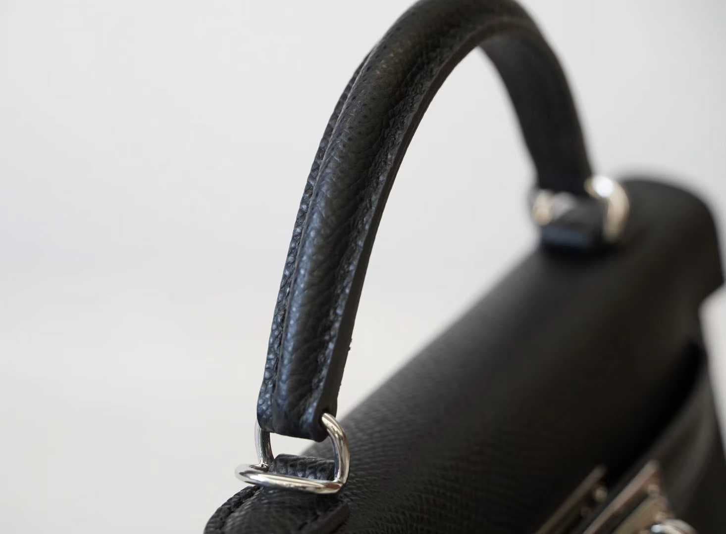 Front view of a Mini Kelly style handbag in Étoupe Epsom leather with palladium hardware on a white background - 6