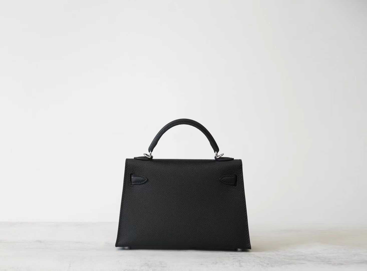 Front view of a Mini Kelly style handbag in Étoupe Epsom leather with palladium hardware on a white background - 5