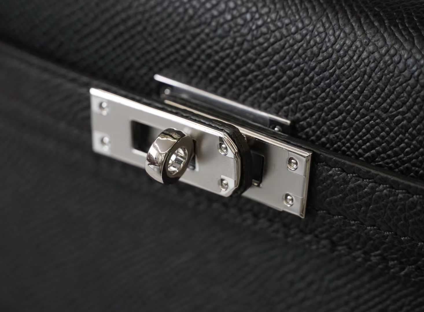 Front view of a Mini Kelly style handbag in Étoupe Epsom leather with palladium hardware on a white background - 3