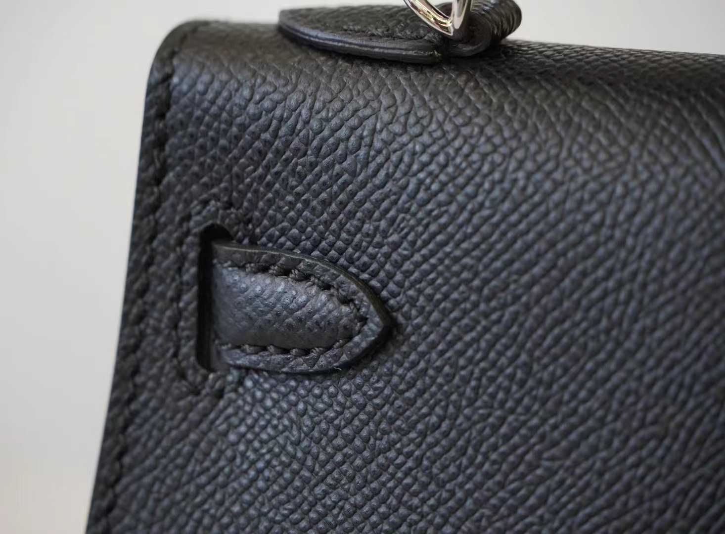 Front view of a Mini Kelly style handbag in Étoupe Epsom leather with palladium hardware on a white background - 2