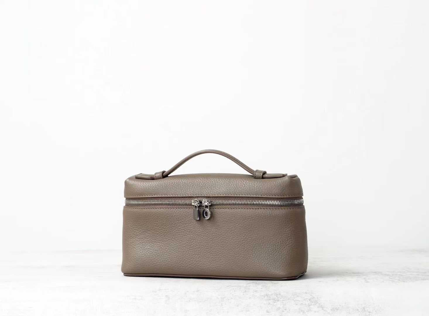 Wholesale Taupe Pebbled Leather Vanity Bags | Double Zipper Travel Case