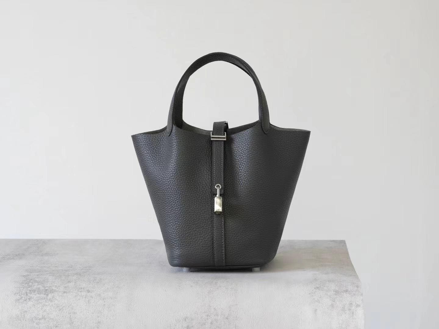 Pebbled Leather Bucket Bag with Lock Charm | Linjin Luxury — Top Handle Tote, Silver Padlock & Key Pendant