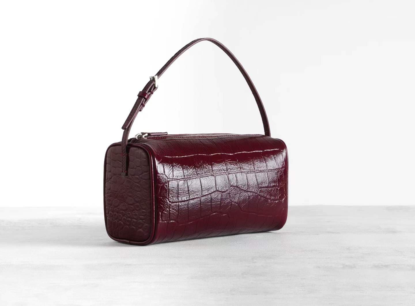 Croc-Embossed Lambskin Cylinder Bag | Linjin Luxury — Zip Baguette, Top Handle & Detachable Crossbody Strap, 3 Colors