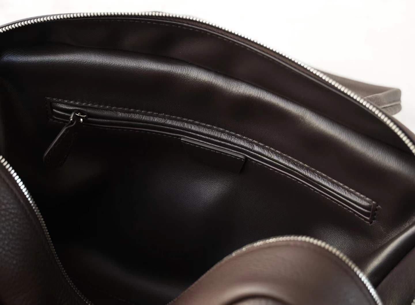 Linjin Luxury dark brown pebbled cowhide leather shoulder bag with slim flat handles and double silver-tone zip closure, minimal logo-free design, on a white background - 8