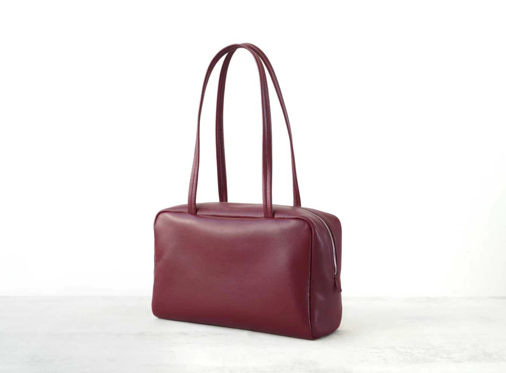 Linjin Luxury burgundy smooth cowhide leather shoulder bag with slim flat handles and double silver-tone zip closure, minimal logo-free design, on a white background - 2