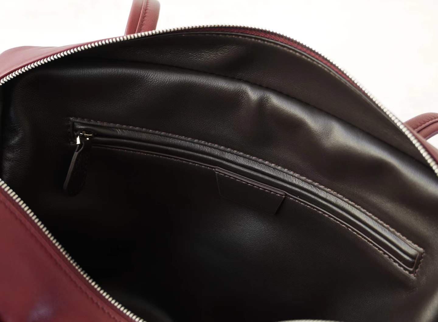 Linjin Luxury burgundy smooth cowhide leather shoulder bag with slim flat handles and double silver-tone zip closure, minimal logo-free design, on a white background - 9