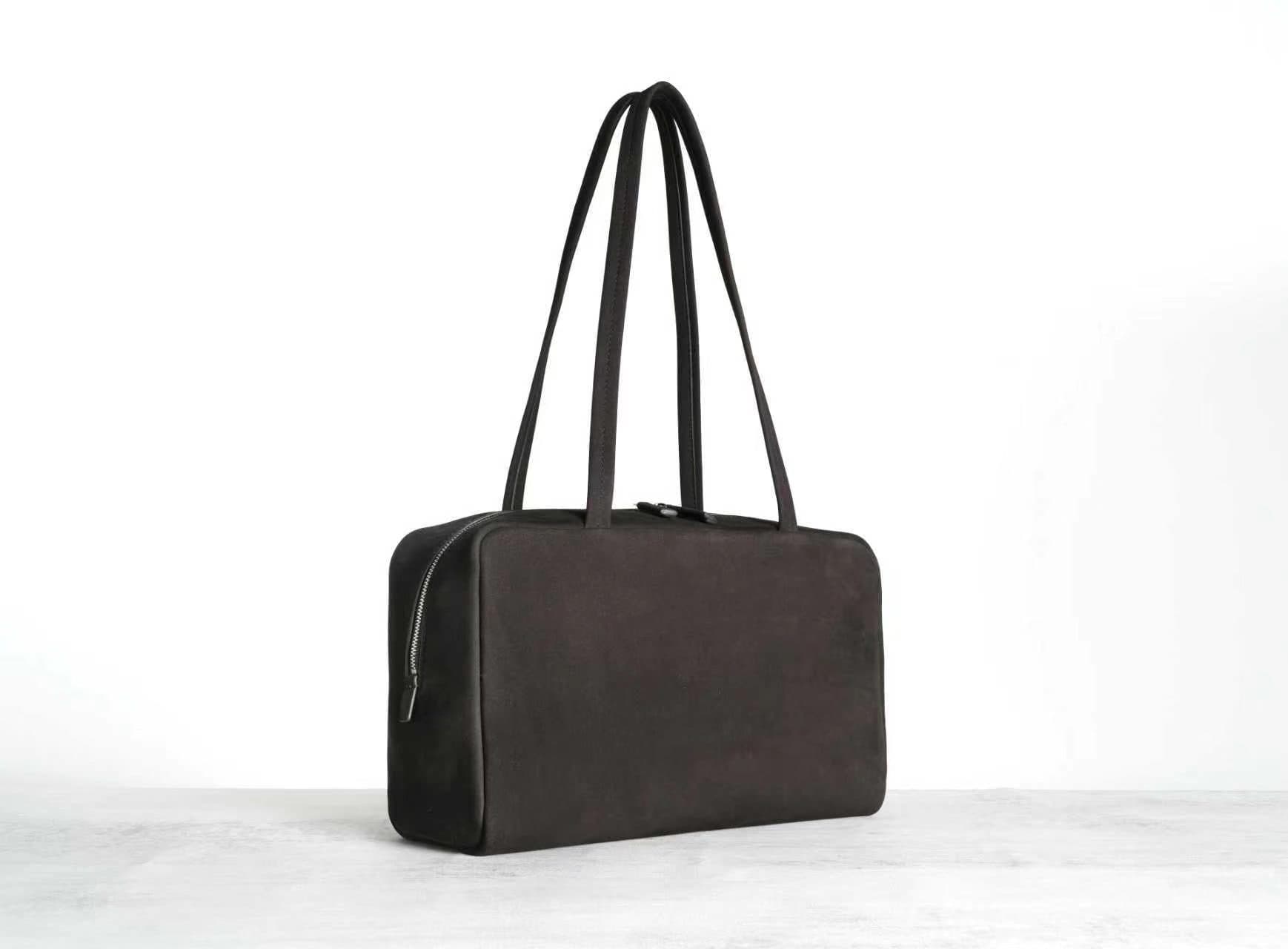 Linjin Luxury dark espresso matte nubuck cowhide shoulder bag with slim flat handles and double silver-tone zip, minimal logo-free design, on a white background - 2