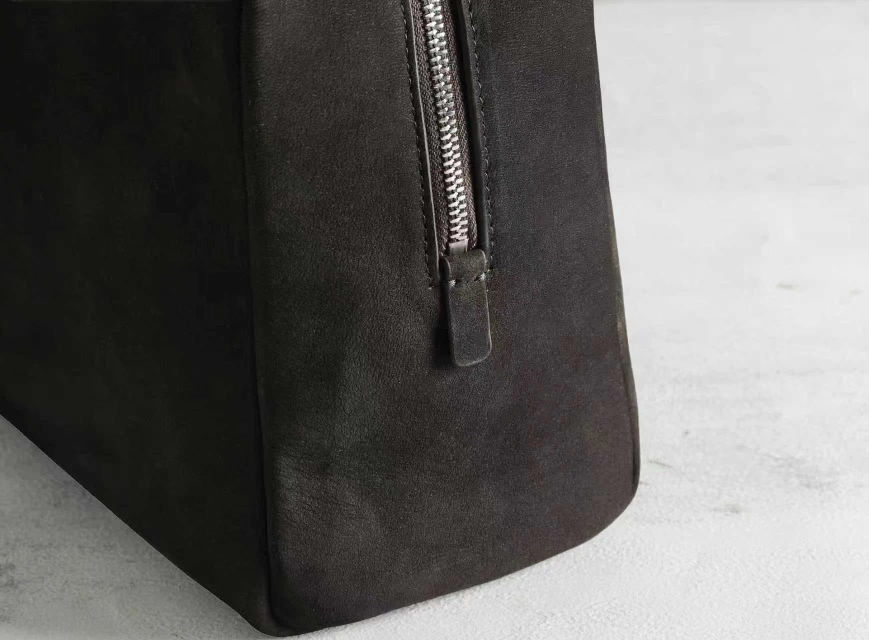 Linjin Luxury dark espresso matte nubuck cowhide shoulder bag with slim flat handles and double silver-tone zip, minimal logo-free design, on a white background - 4