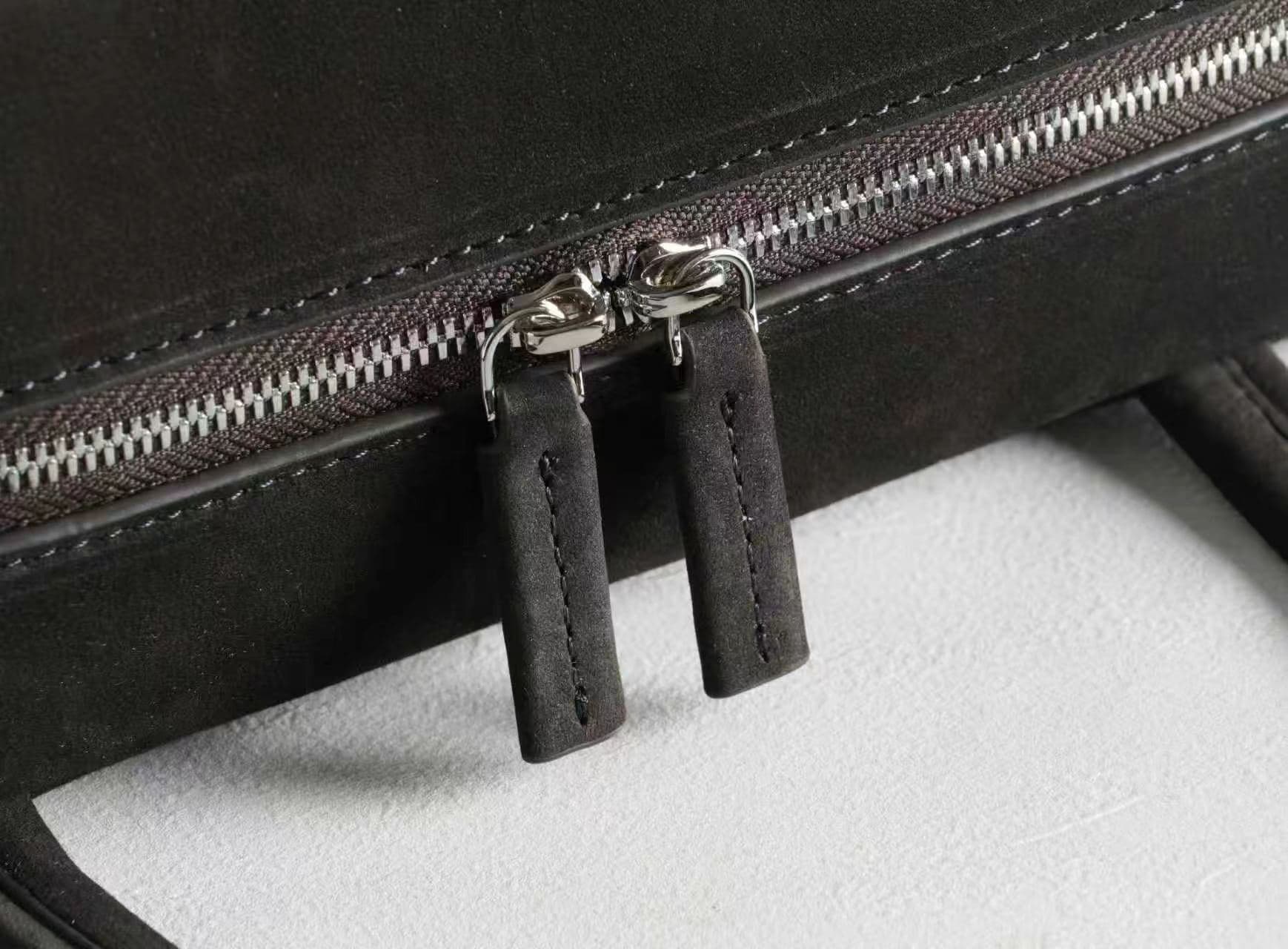 Linjin Luxury dark espresso matte nubuck cowhide shoulder bag with slim flat handles and double silver-tone zip, minimal logo-free design, on a white background - 6