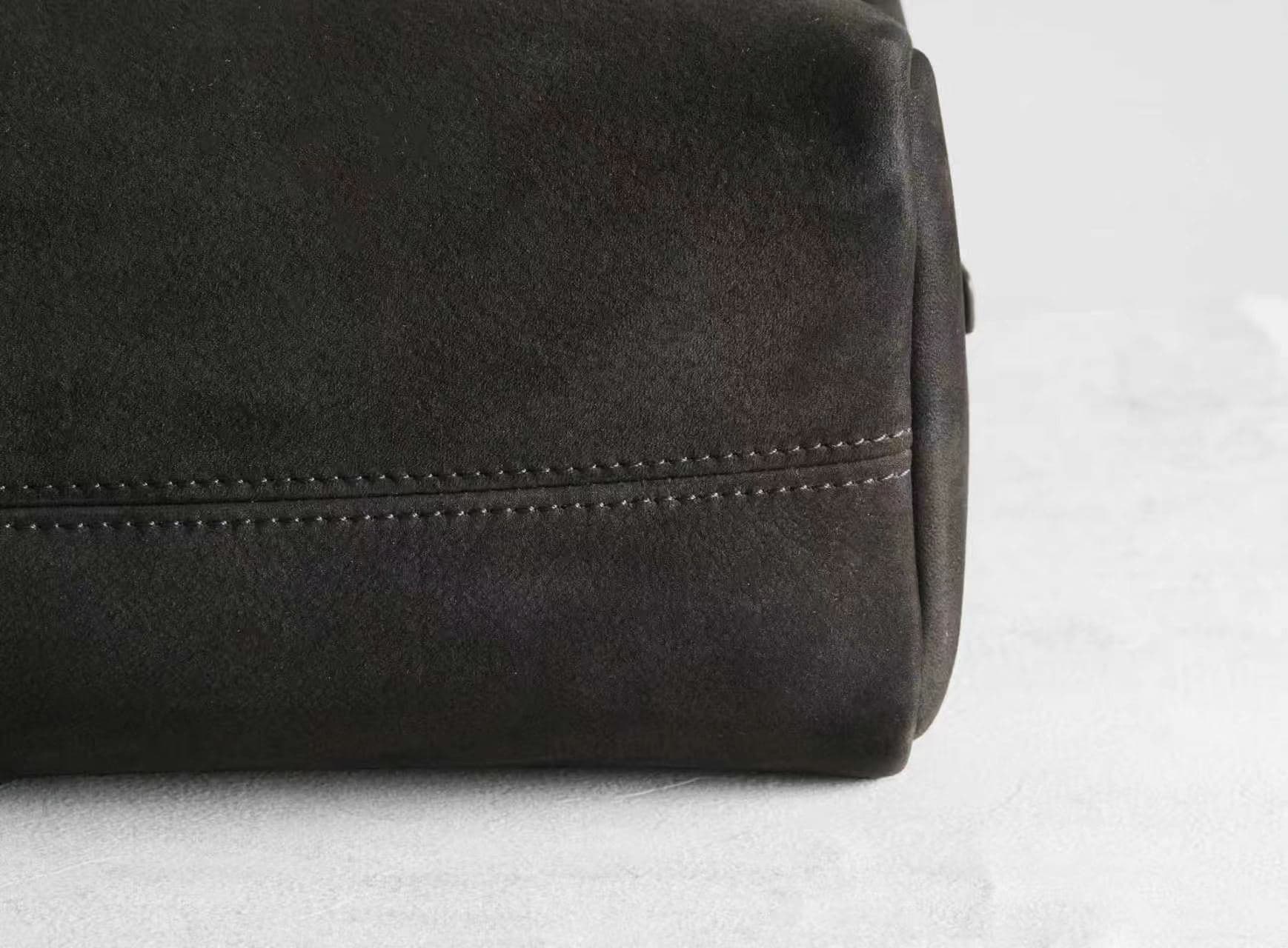 Linjin Luxury dark espresso matte nubuck cowhide shoulder bag with slim flat handles and double silver-tone zip, minimal logo-free design, on a white background - 7