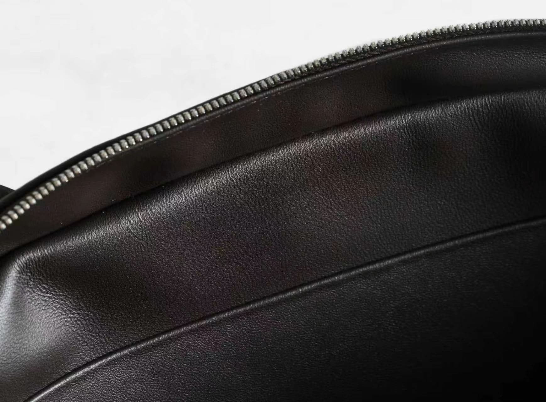 Linjin Luxury dark espresso matte nubuck cowhide shoulder bag with slim flat handles and double silver-tone zip, minimal logo-free design, on a white background - 9