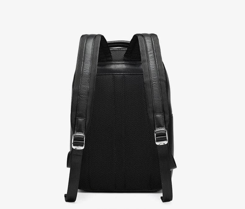 Linjin Luxury black pebbled full-grain cowhide men's backpack with multiple zip compartments, front zip pocket, silver-tone hardware, padded shoulder straps, and top carry handle, 26 × 11 × 40 cm - 3