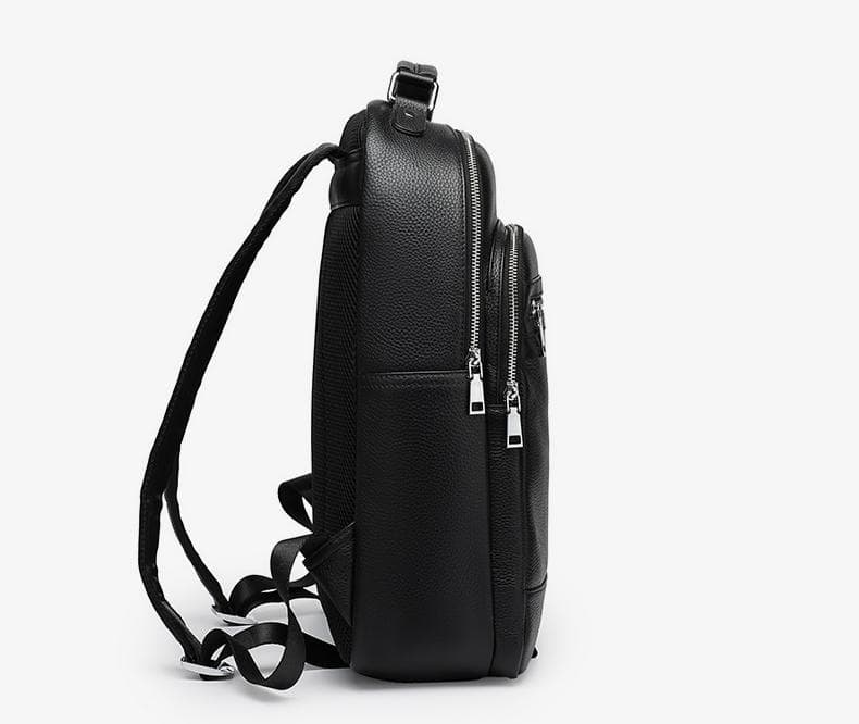 Linjin Luxury black pebbled full-grain cowhide men's backpack with multiple zip compartments, front zip pocket, silver-tone hardware, padded shoulder straps, and top carry handle, 26 × 11 × 40 cm - 4