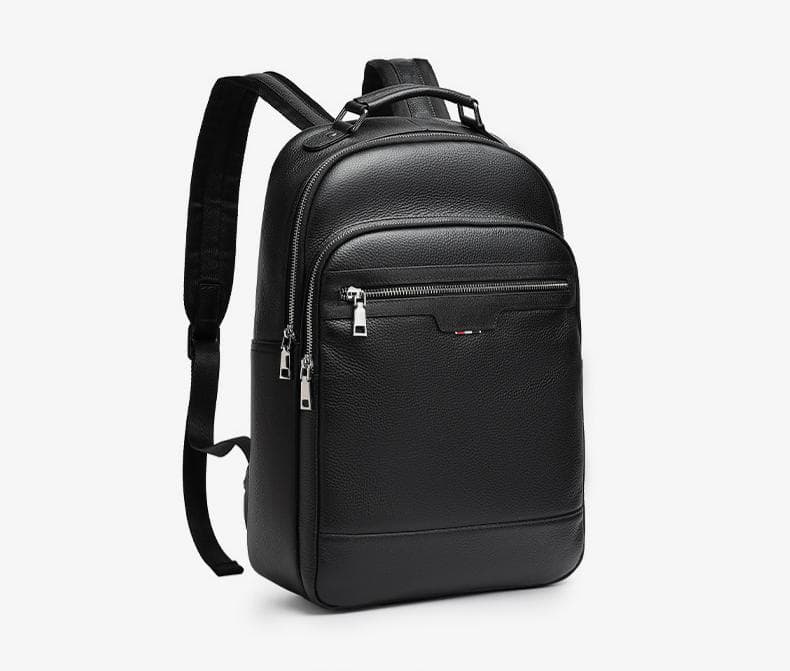 Linjin Luxury black pebbled full-grain cowhide men's backpack with multiple zip compartments, front zip pocket, silver-tone hardware, padded shoulder straps, and top carry handle, 26 × 11 × 40 cm - 5
