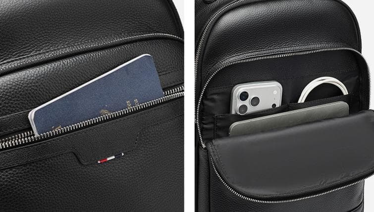 Linjin Luxury black pebbled full-grain cowhide men's backpack with multiple zip compartments, front zip pocket, silver-tone hardware, padded shoulder straps, and top carry handle, 26 × 11 × 40 cm - 6