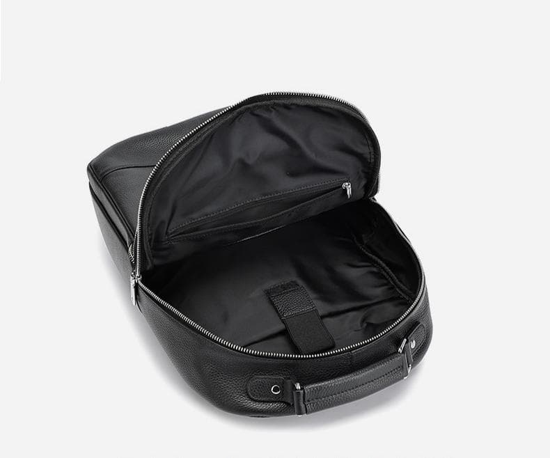 Linjin Luxury black pebbled full-grain cowhide men's backpack with multiple zip compartments, front zip pocket, silver-tone hardware, padded shoulder straps, and top carry handle, 26 × 11 × 40 cm - 7