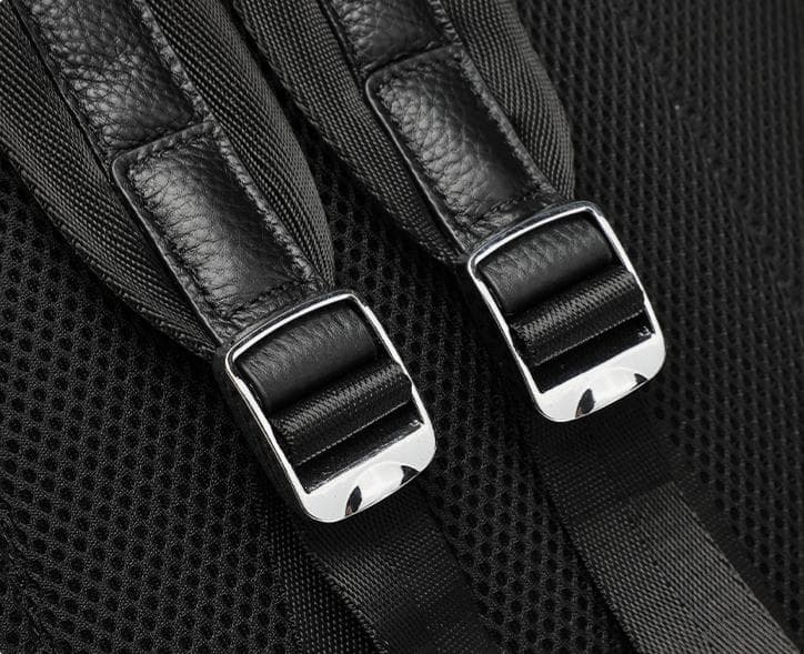 Linjin Luxury black pebbled full-grain cowhide men's backpack with multiple zip compartments, front zip pocket, silver-tone hardware, padded shoulder straps, and top carry handle, 26 × 11 × 40 cm - 8