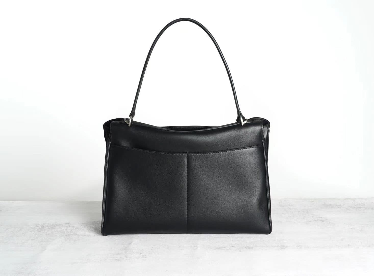 Black genuine leather tote with silver turn-lock, top handle and detachable strap - 4