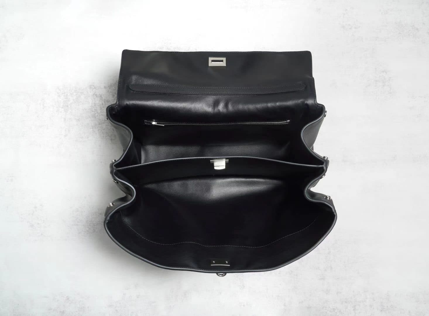 Black genuine leather tote with silver turn-lock, top handle and detachable strap - 5