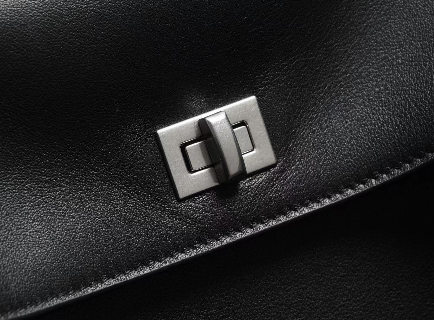 Black genuine leather tote with silver turn-lock, top handle and detachable strap - 8